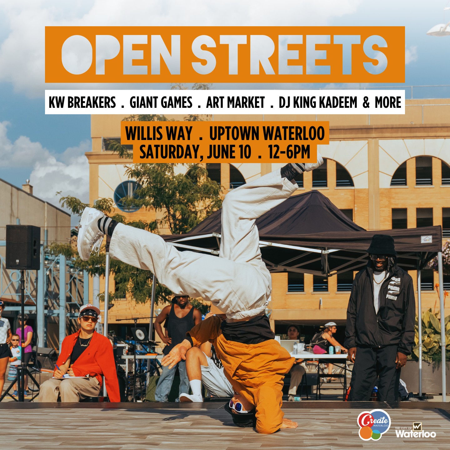 Event poster with event details featuring a breakdancer spinning on his head