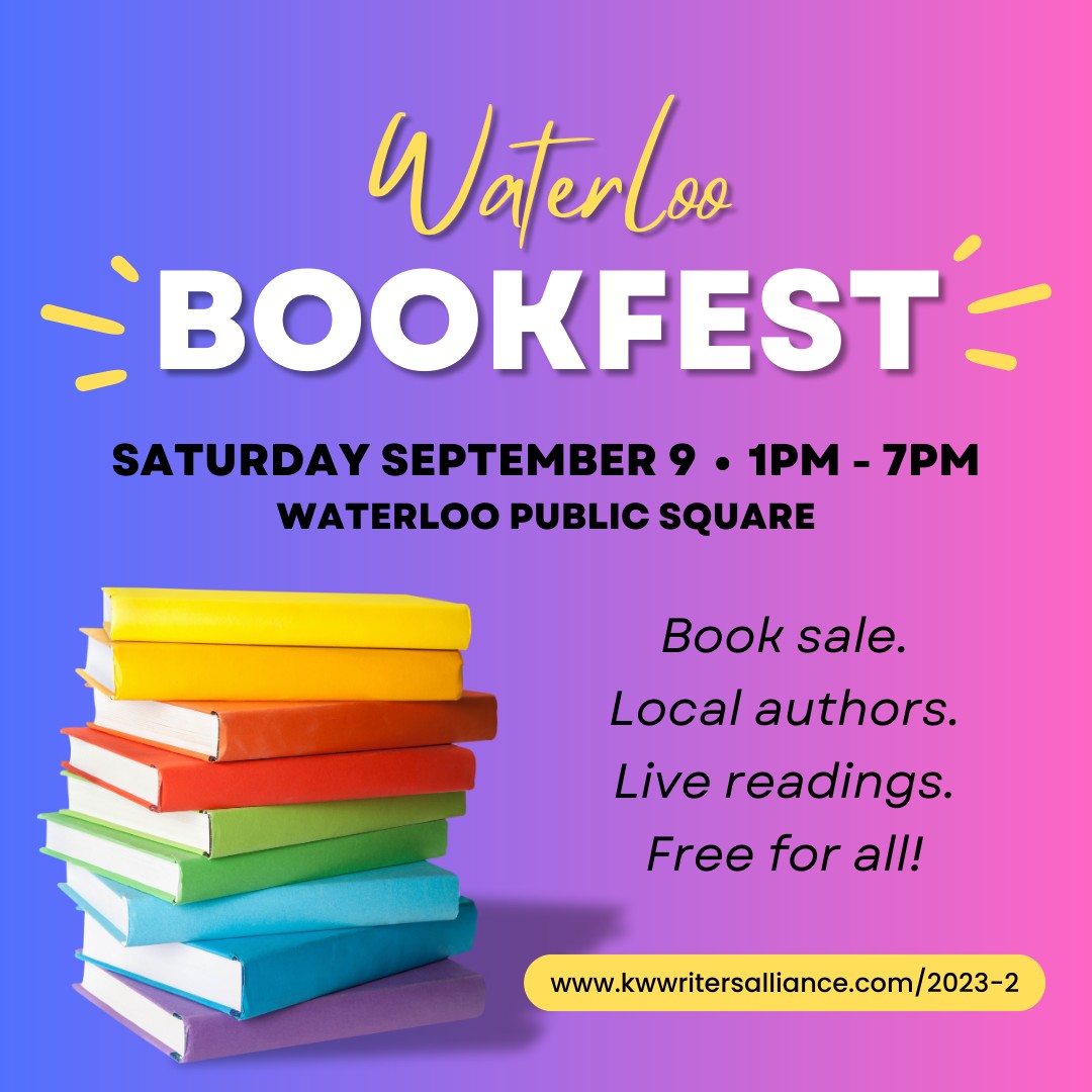 event poster with a stack of books, reading Waterloo Bookfest