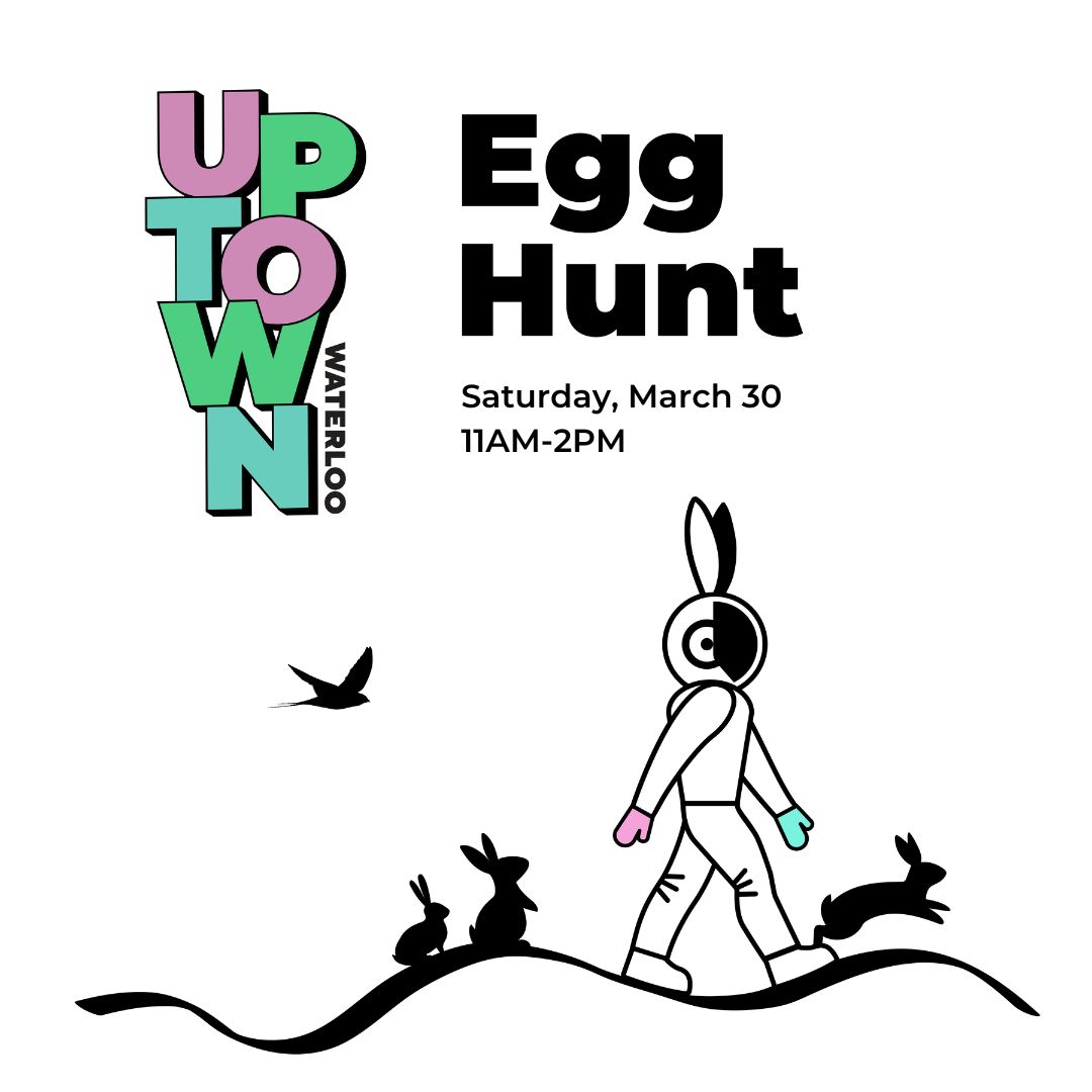 graphic of an astronaut with bunny ears walking with bunnies bouncing around in background. Words read 'Egg Hunt Saturday, March 30 11AM-2PM