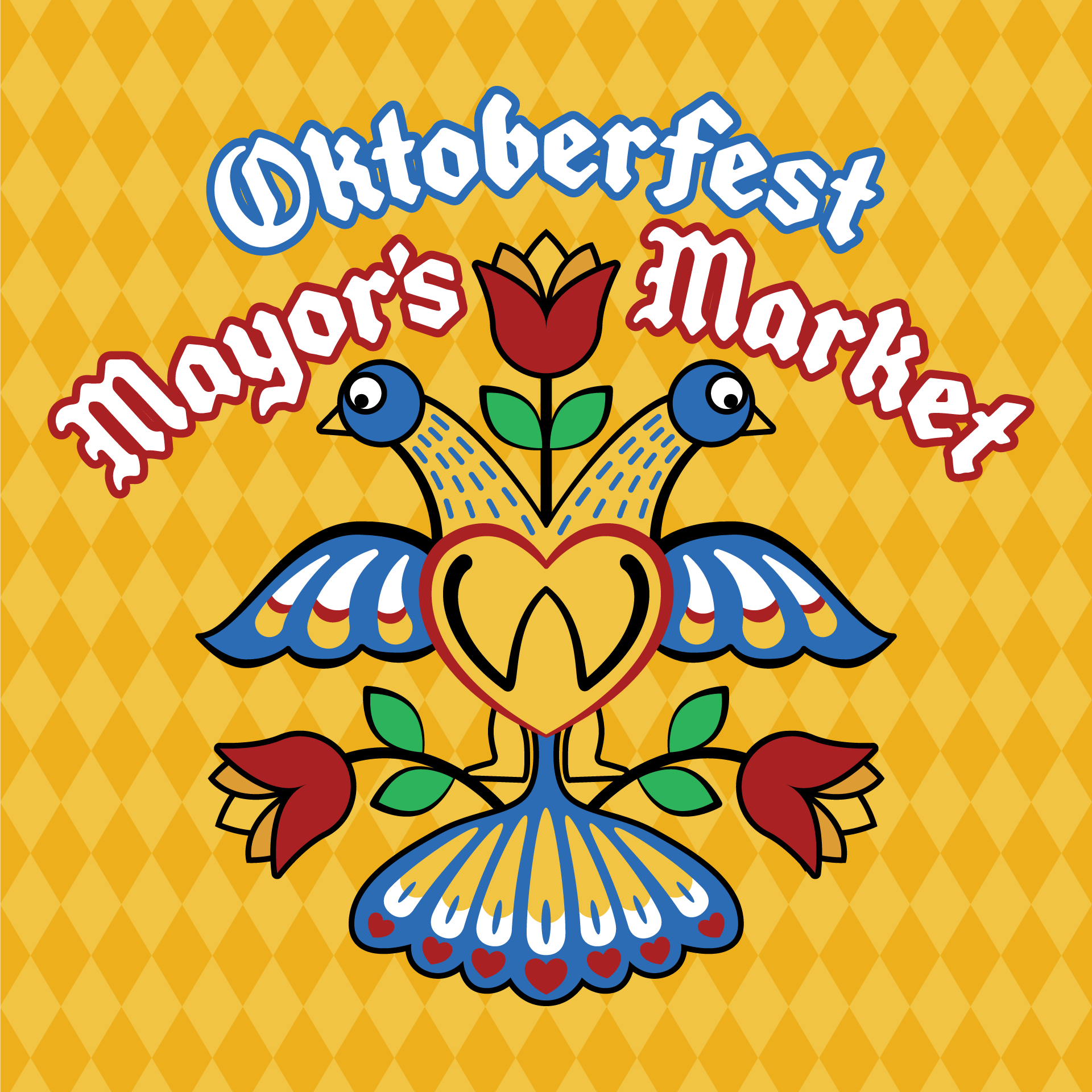 graphic that displays an ornate pair of birds against an orange diamond background reading Oktoberfest Mayor's Market