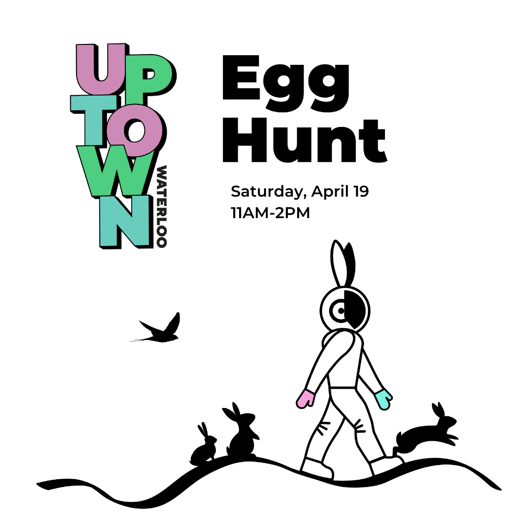 graphic of an astronaut with bunny ears walking with bunnies bouncing around in background. Words read 'Egg Hunt Saturday, March 30 11AM-2PM 